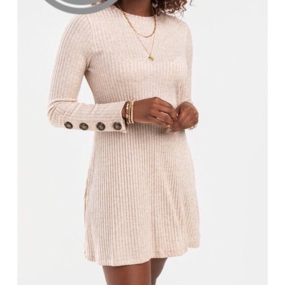 Harper Heritage Ribbed Mini Dress Long Sleeve Tan 2X - Picture 1 of 9
